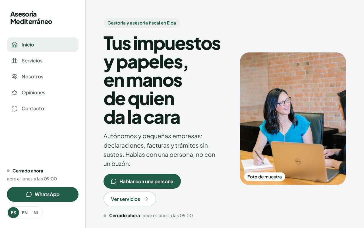 Asesoría Mediterráneo — Gestoría o asesoría como una app: servicios con buscador, preguntas frecuentes y consulta por WhatsApp.