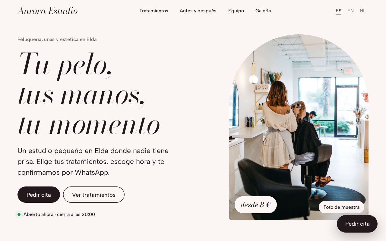 Aurora Estudio — Peluquería y estética: eliges tratamientos y hora, y sale tu cita por WhatsApp.