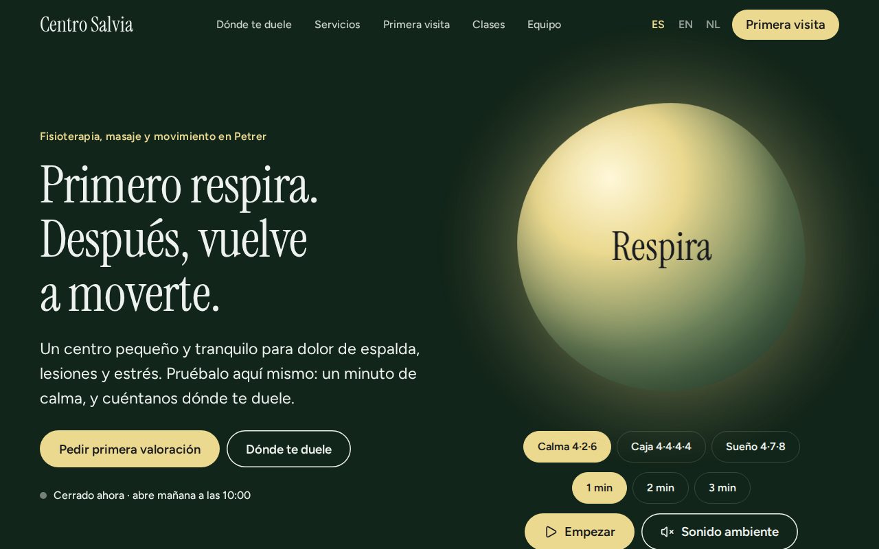 Centro Salvia — Fisioterapia y bienestar: respiración guiada, mapa del dolor y primera visita en cuatro pasos.